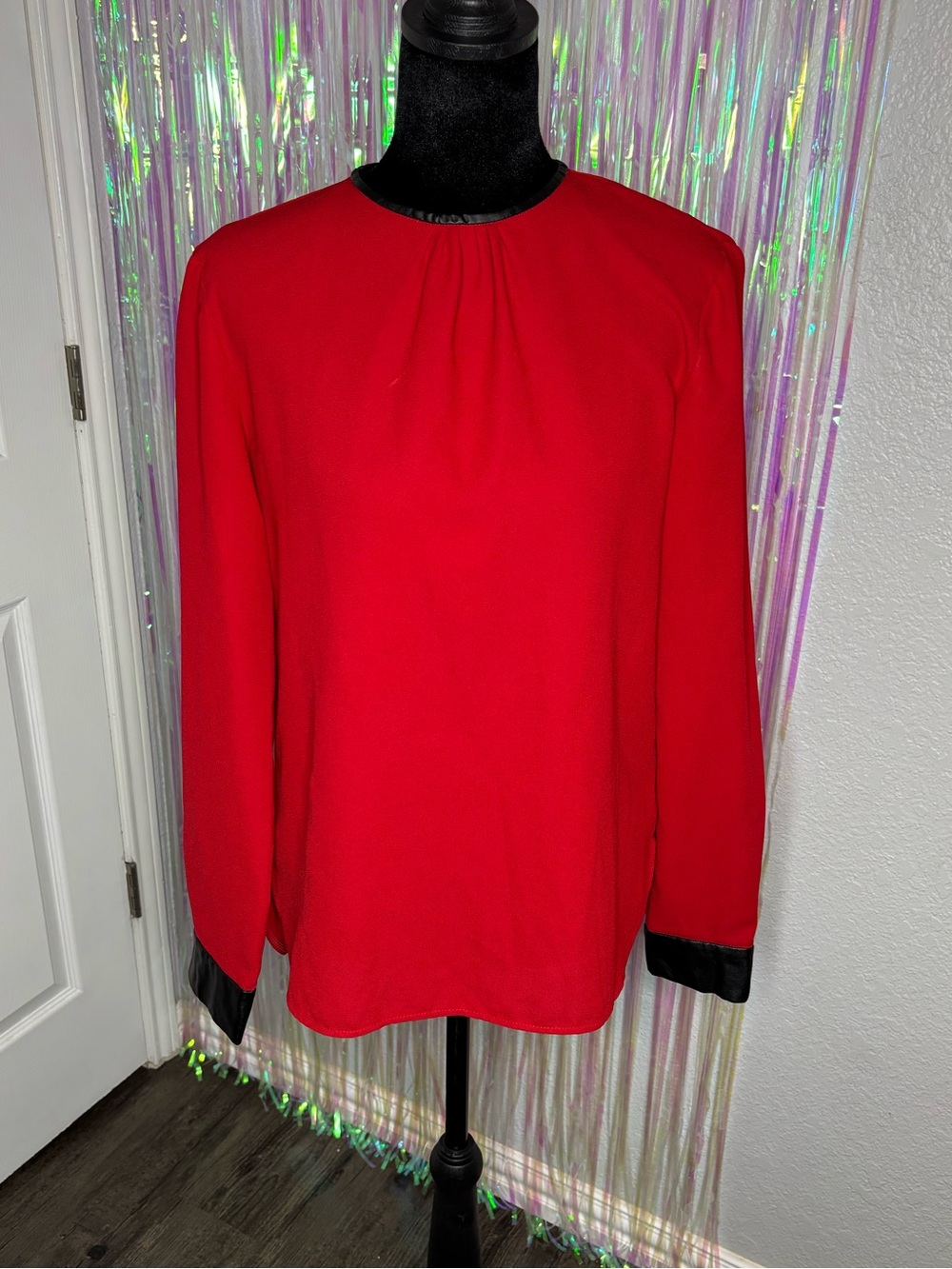 Zara Red Long-Sleeve Blouse W/Black Pleather Trim Sz S Light Flowy Material